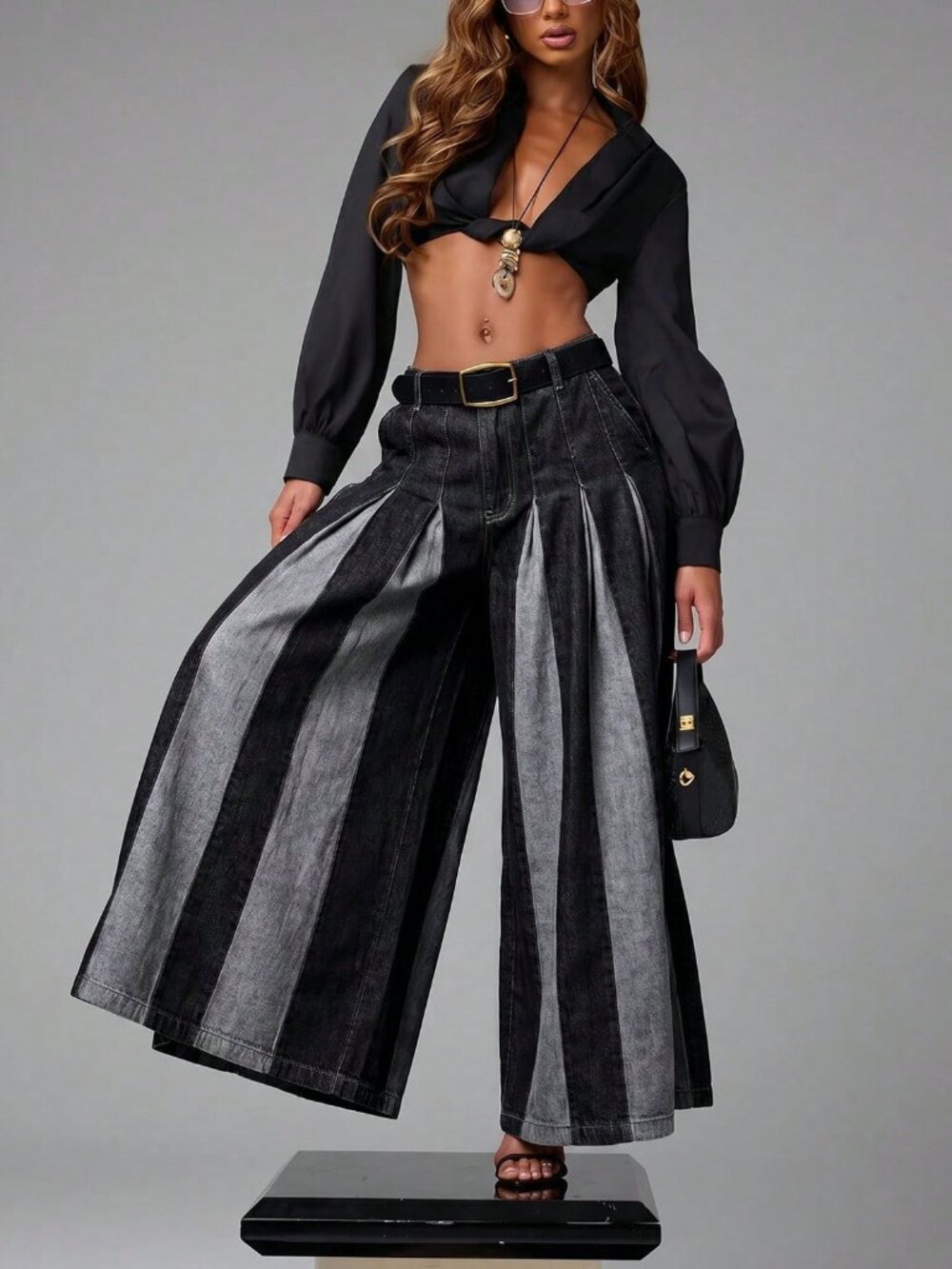 Black Casual Women's Two Tone Color Block Wide Leg Flowy Baggy Denim Jeans - Picture 4 of 7
